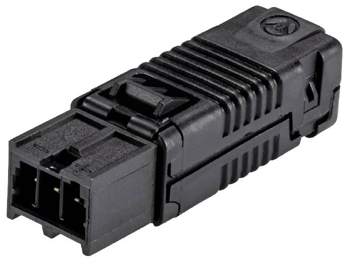 Connecteur électrique noir de forme rectangulaire avec boîtier nervuré, adapté aux applications industrielles.