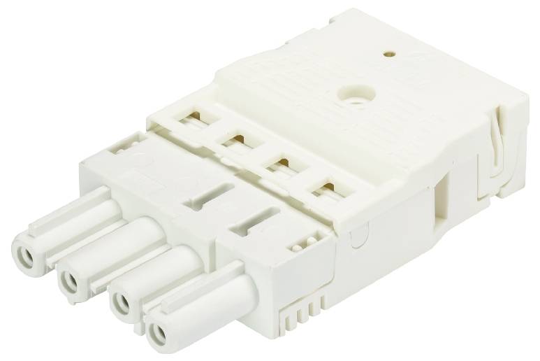 Connecteur électrique avec quatre emplacements blancs, boîtier rectangulaire. Utilisé pour connecter des lignes électriques.