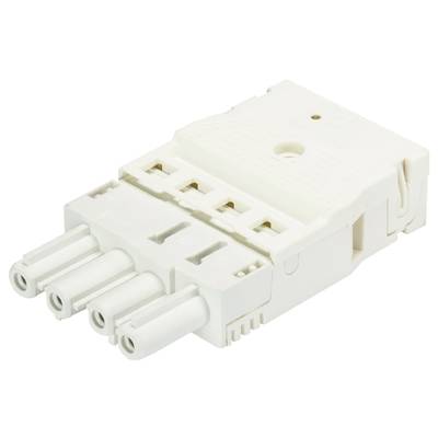 Connecteur électrique avec quatre emplacements blancs, boîtier rectangulaire. Utilisé pour connecter des lignes électriques.