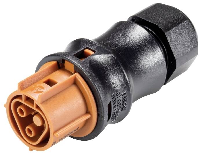 Un connecteur électrique noir et orange à broches multiples, adapté aux applications industrielles.