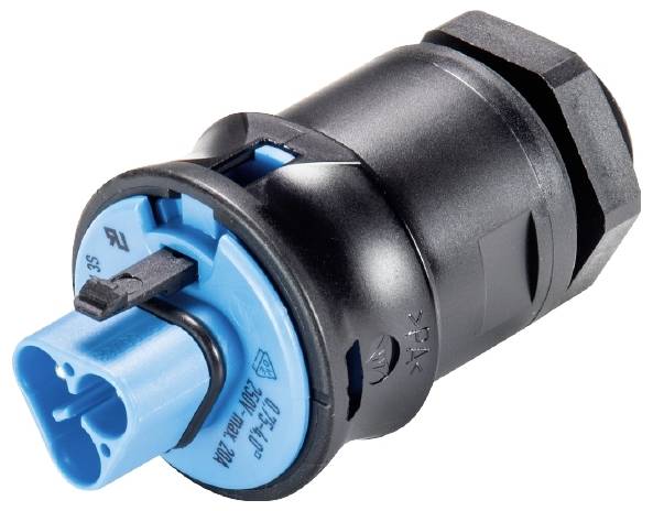 Connecteur électrique noir et bleu, de forme cylindrique, avec plusieurs broches pour connexions de câbles dans les appareils.