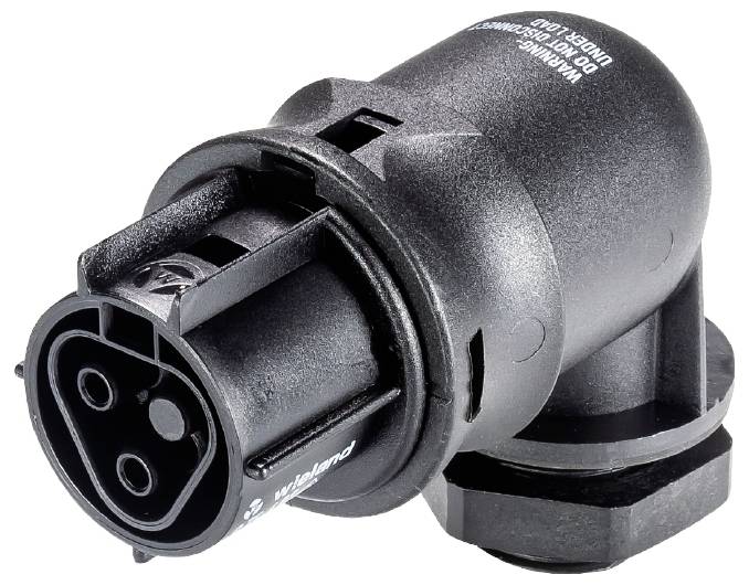 Connecteur industriel noir circulaire avec broches multiples, incliné sur le côté, pour connexions électriques.