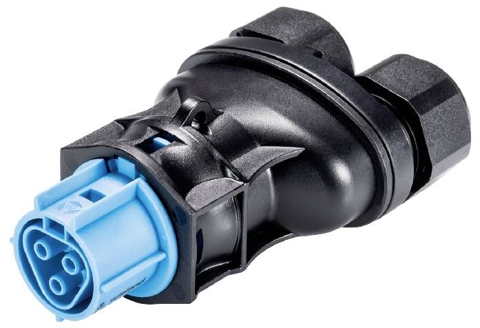 'Connecteur avec boîtier bleu et noir, à trois broches, pour la connexion électrique dans les véhicules ou les appareils.'