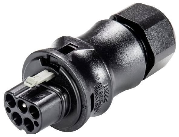 Connecteur électrique noir à broches multiples, avec poignée et verrouillage. Adapté aux applications industrielles ou techniques.