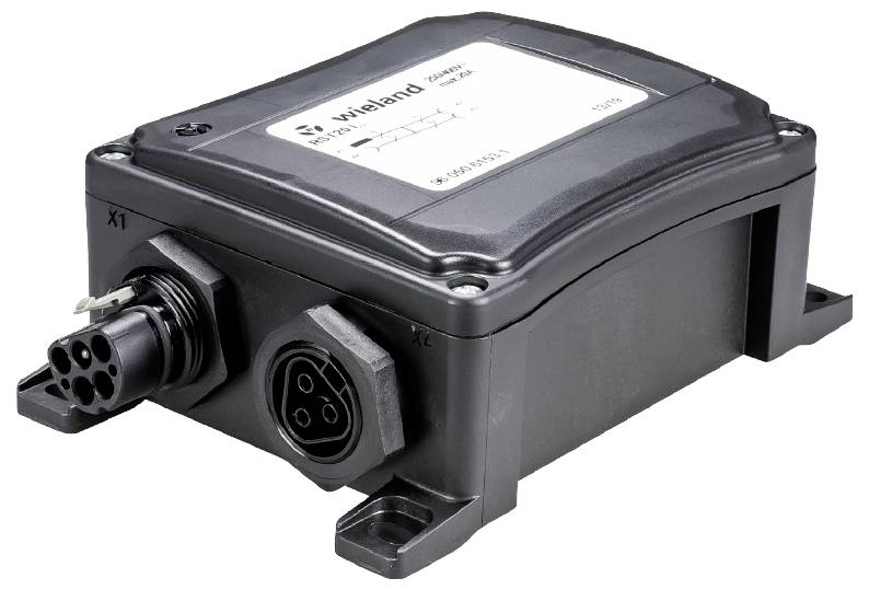 Boîtier électronique pour applications industrielles, rectangulaire avec plusieurs options de connexion et logo du fabricant gravé.
