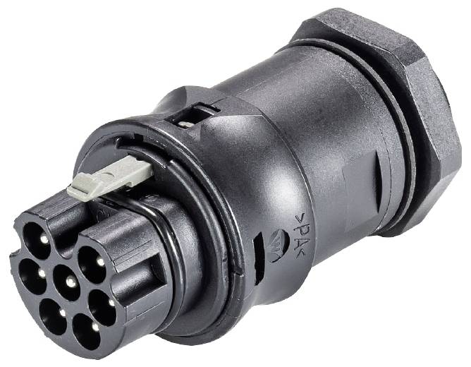 Prise électrique noire multibroches, représentée de côté. Adaptée aux applications industrielles ou à l'électronique automobile.
