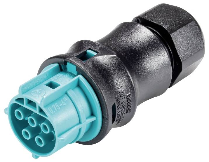 Fiche électrique avec boîtier noir et bleu, adaptée aux connexions de câbles dans les véhicules ou les machines industrielles.