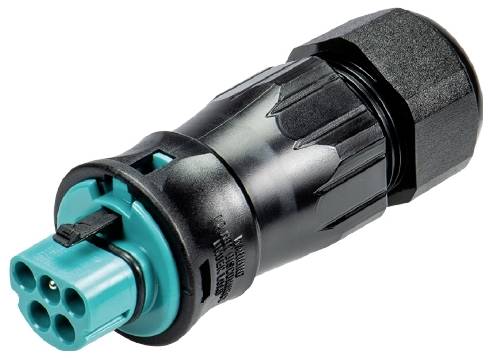 Fiche électrique noire et verte pour applications industrielles, avec plusieurs broches pour la connexion de câbles.