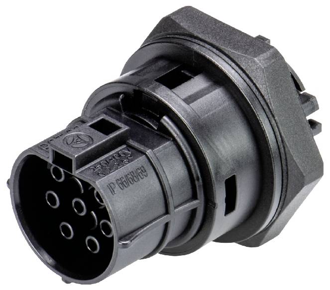 Connecteur électrique noir, cylindrique, à broches multiples, conçu pour des applications industrielles, présentant une construction robuste.