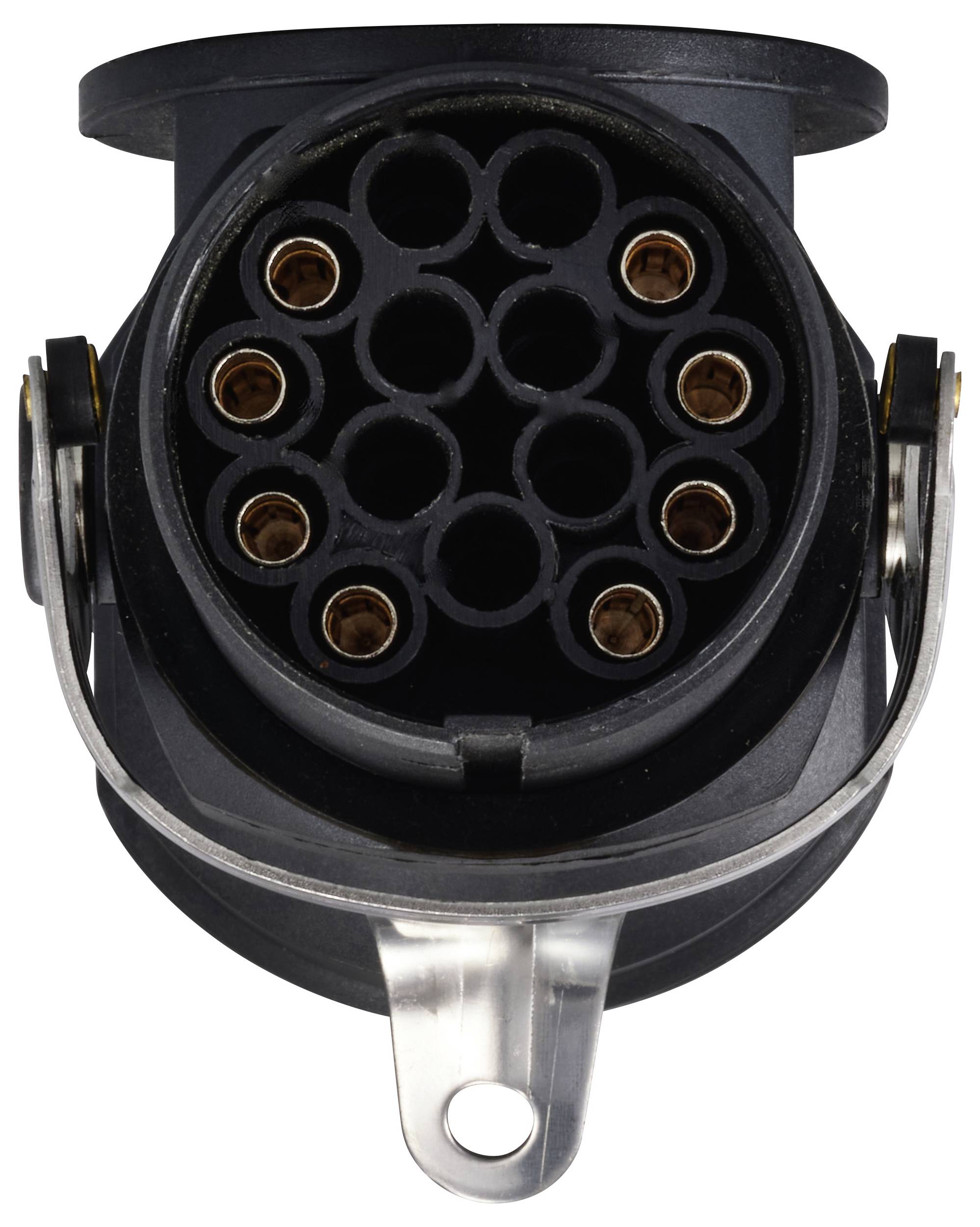 Prise électrique noire avec plusieurs emplacements ronds disposés en motif circulaire. Adaptée aux connexions de véhicules.