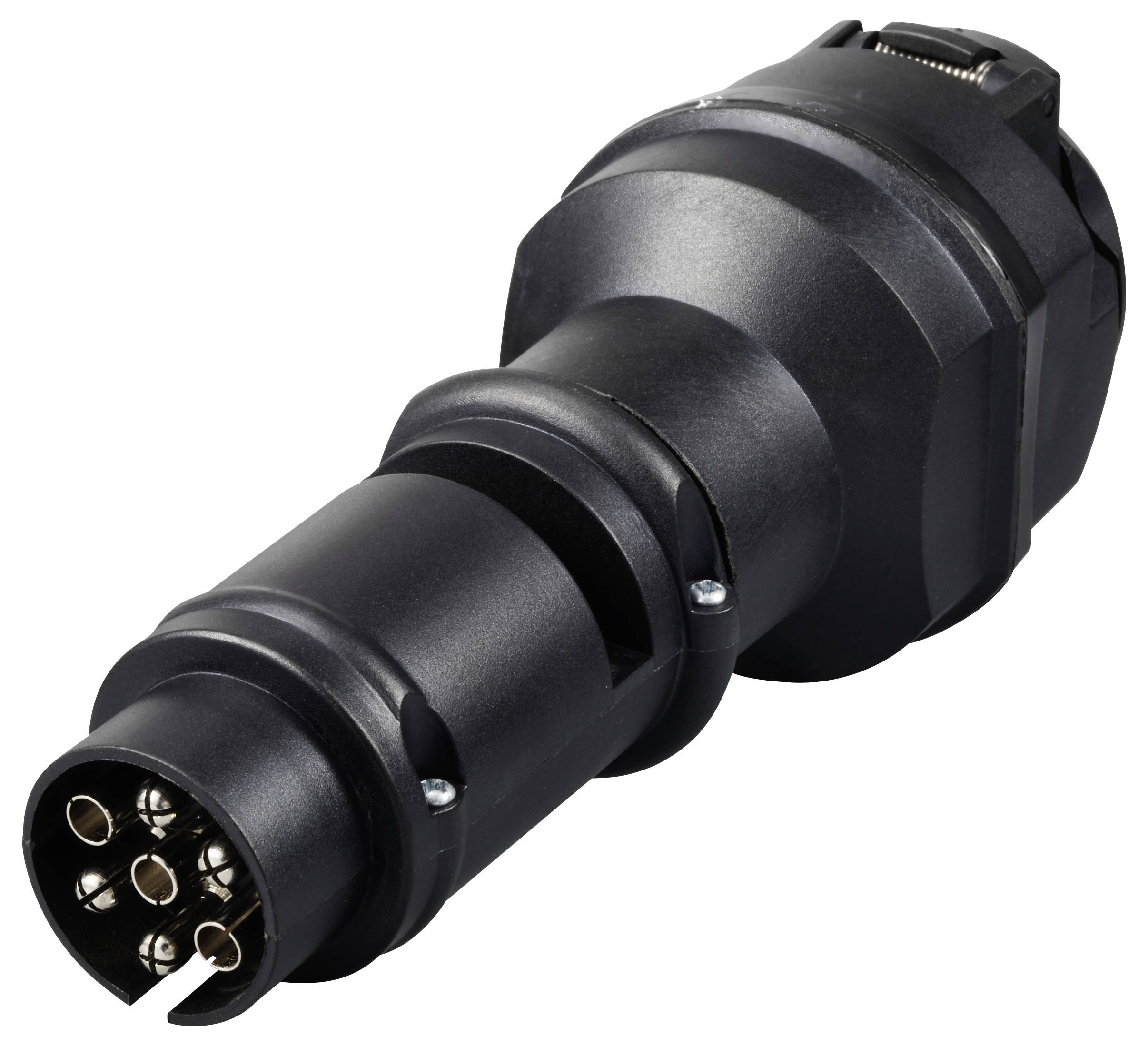 Un connecteur noir à fiches métalliques multiples pour raccorder des véhicules à des systèmes de charge ou d'alimentation électrique.