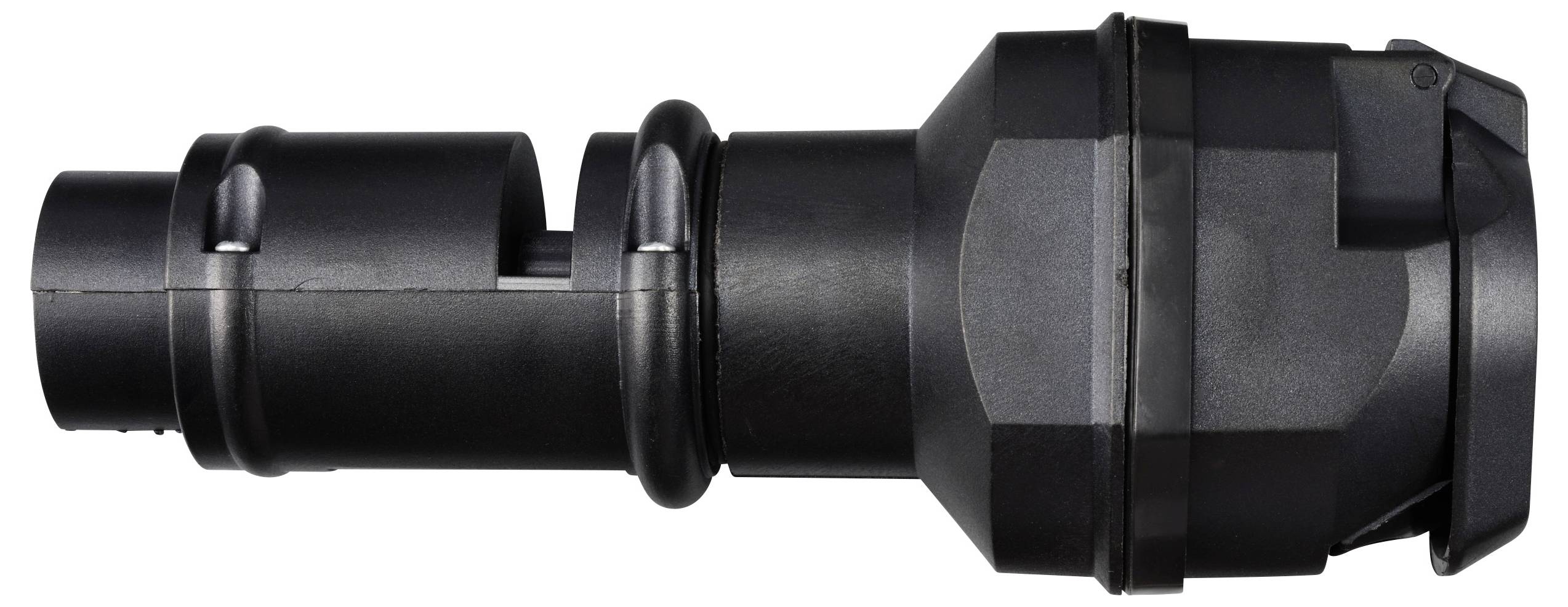 Un objet noir cylindrique avec plusieurs sections échelonnées, probablement une pièce technique ou un connecteur.