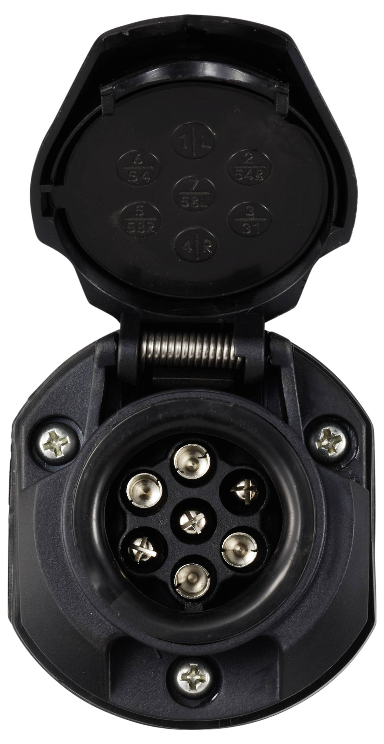 Connecteur de remorque à 7 broches en gros plan, montré avec le couvercle ouvert. Contacts de la prise visibles, adapté aux remorques de véhicules.