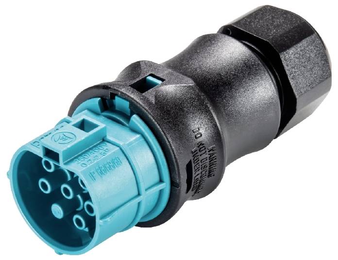 Un connecteur électrique noir et bleu avec plusieurs points de contact, principalement utilisé dans des applications techniques ou industrielles.