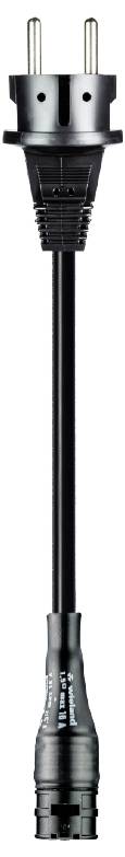 Câble électrique noir avec une fiche bipolaire en haut et une prise de connexion en bas, adapté aux appareils électroniques.