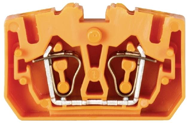 Un connecteur électrique orange avec deux attaches métalliques pour raccordements de câbles, placé sur une surface blanche.