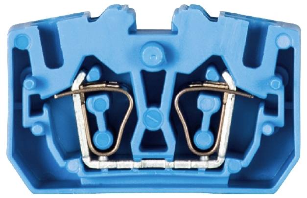 Connecteur électrique bleu montrant les bornes internes avec des ressorts métalliques.