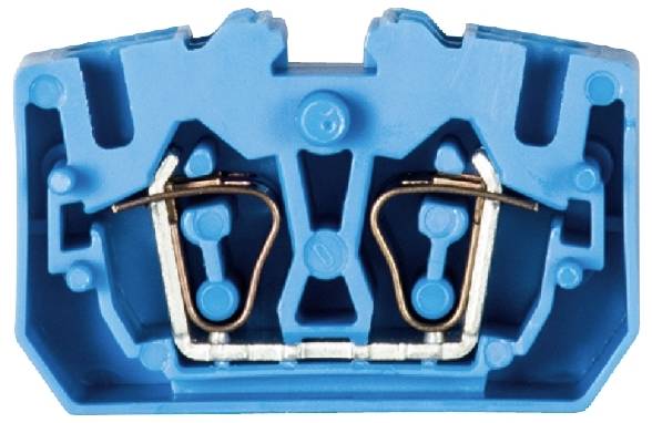 Connecteur électrique bleu avec deux clips métalliques ; vue de face montrant la structure interne.