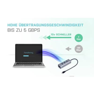 Ordinateur portable affichant un transfert de fichiers, connecté à un hub USB. Le texte souligne une vitesse allant jusqu'à 5 Gbps, 10 fois plus rapide que 480 Mbps.