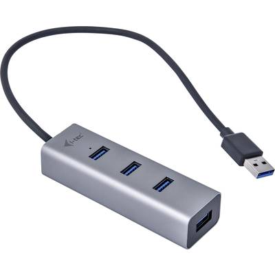 Hub USB à quatre ports dans un boîtier étroit et argenté, adapté pour étendre les connexions USB sur les ordinateurs.