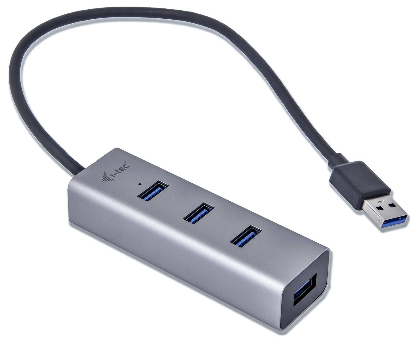 Hub USB argenté avec un branchement par câble offrant quatre ports USB 3.0. Idéal pour étendre la connectivité USB.