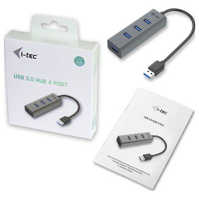 Hub USB 3.0 4 Ports de i-tec : Comprend un hub câblé avec quatre ports USB, l'emballage et le manuel d'utilisation.