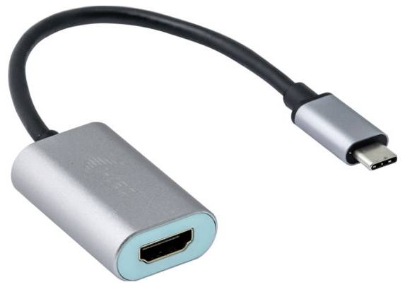 Adaptateur USB-C vers HDMI avec boîtier argenté et câble noir, permet la transmission vidéo et audio depuis des appareils équipés d'un port USB-C.