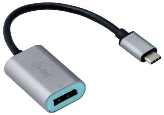 Câble adaptateur USB-C vers DisplayPort en métal, couleur argent, montrant une prise USB-C d'un côté et un port DisplayPort de l'autre.