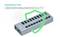 Un hub USB à huit ports avec protection contre les surtensions intégrée. Un bouclier vert symbolise la protection.