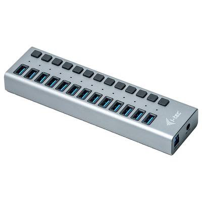 Un hub USB argenté avec 16 ports USB 3.0 et une prise d'alimentation, adapté pour connecter simultanément plusieurs appareils.