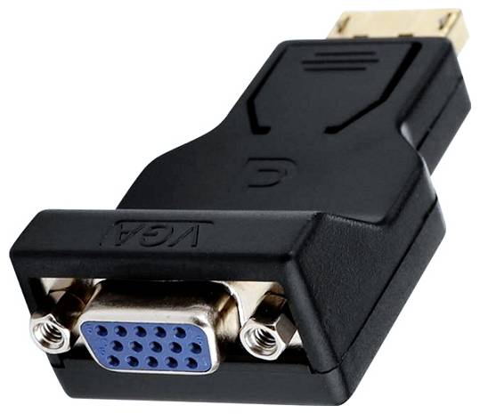 Un adaptateur noir VGA vers DisplayPort avec une fiche VGA bleue et une fiche DisplayPort dorée.