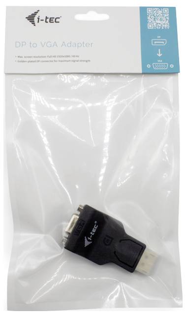 Adaptateur DisplayPort vers VGA de i-tec, emballé dans un sachet en plastique. Adaptateur noir avec ports VGA et DisplayPort.