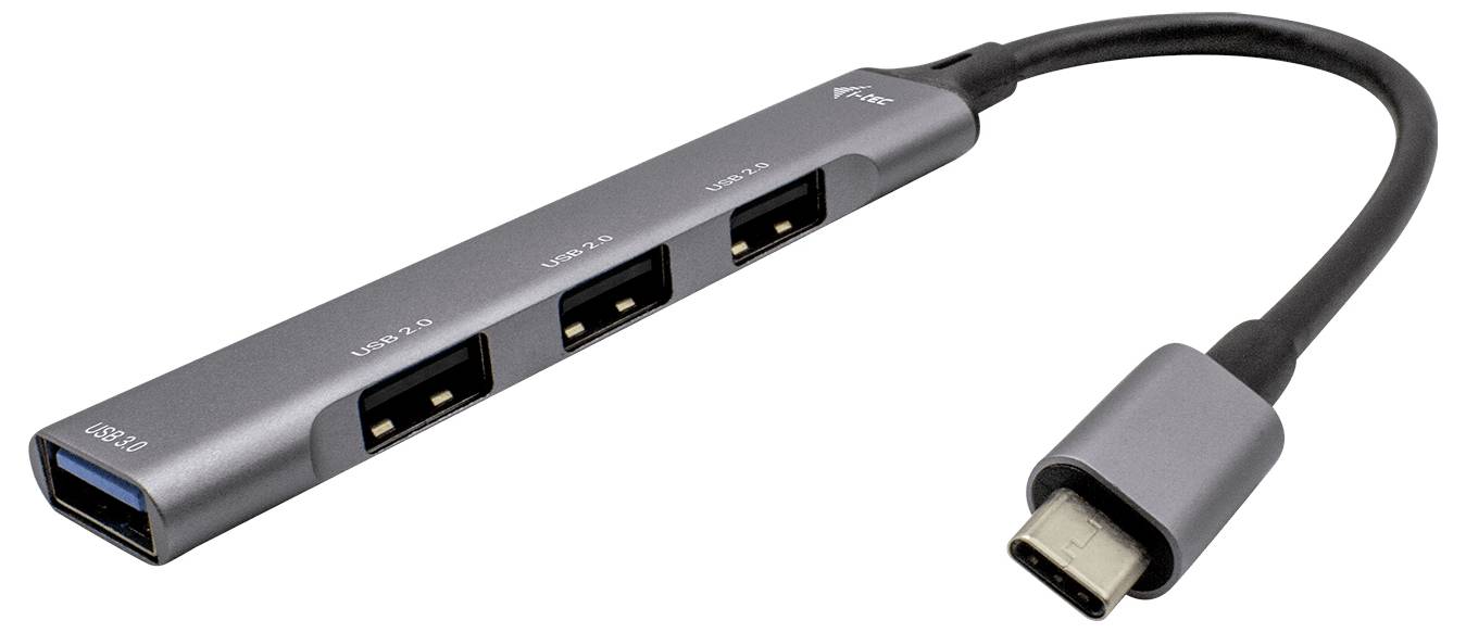 Un hub USB-C gris avec un câble, offrant quatre ports USB. Idéal pour étendre les possibilités de connexion d'un ordinateur portable.