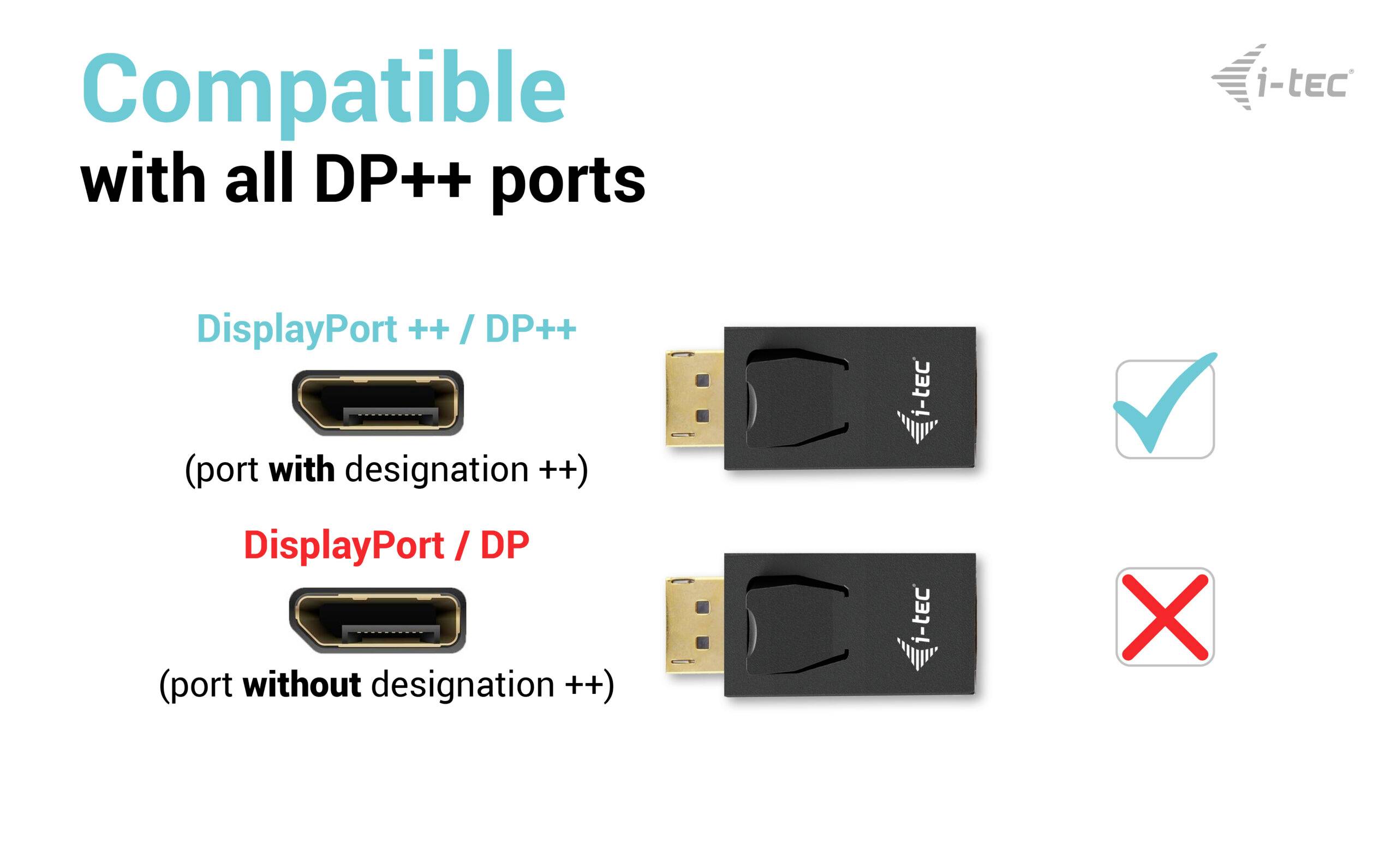 'Compatible avec tous les ports DP++' montre deux adaptateurs. Le premier adaptateur avec une coche correspond au port DP++, le second avec une croix ne convient pas au port DP.