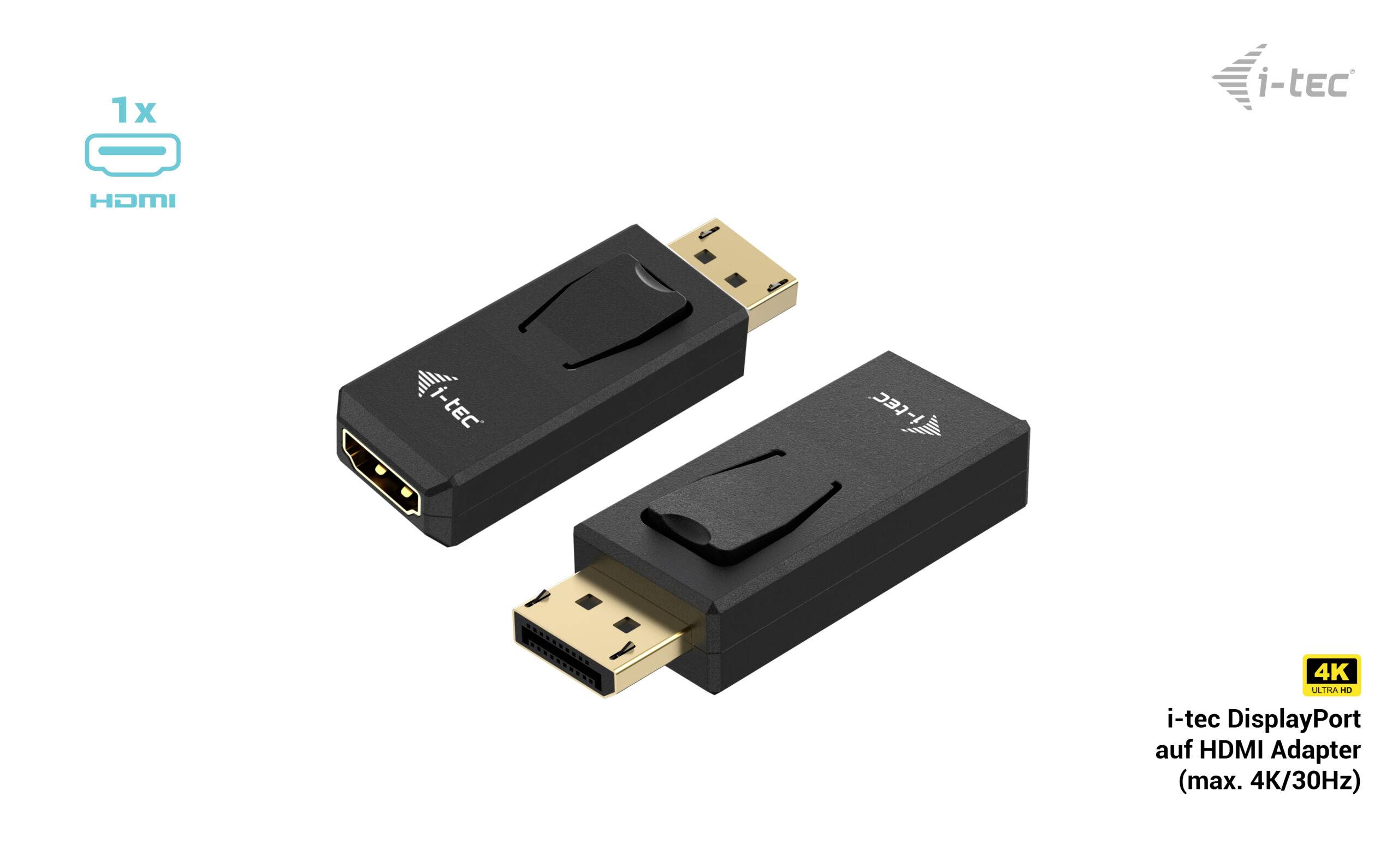 Adaptateur DisplayPort vers HDMI de i-tec, prenant en charge 4K/30Hz. Design noir avec logo de marque.