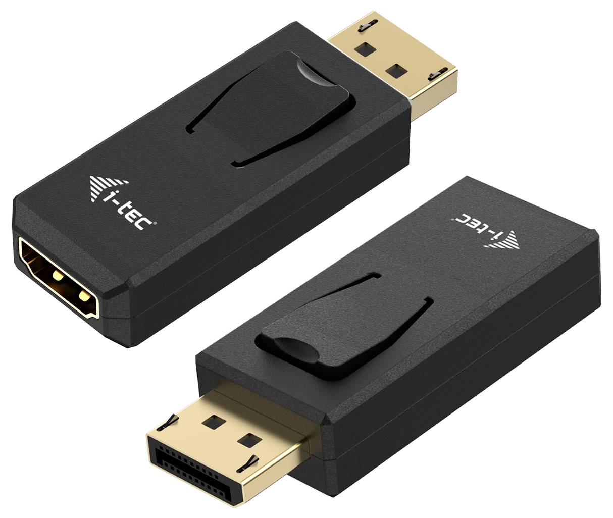 Adaptateur noir avec ports HDMI et DisplayPort, adapté pour connecter des appareils avec différentes interfaces.