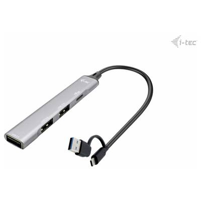 Hub USB-C avec quatre ports : HDMI, USB-C, deux USB-A. Design noir et argenté. Logo de la marque en haut à droite.
