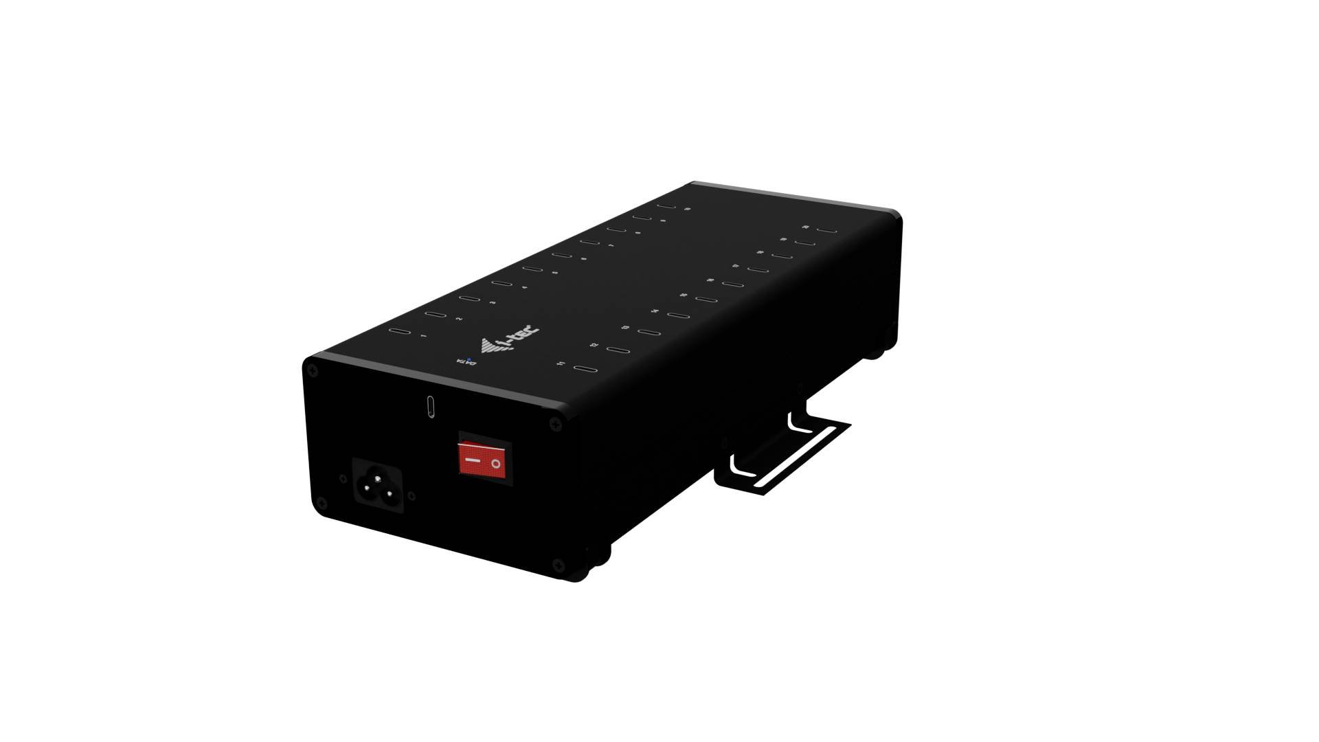 Appareil électronique noir, rectangulaire, doté de plusieurs ports et d'un interrupteur marche/arrêt monté sur le côté.