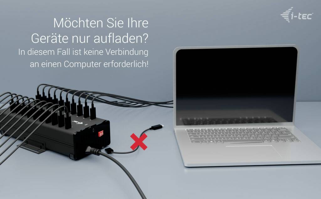 Ordinateur portable et chargeur avec de nombreux ports USB. Texte : 'Vous voulez simplement charger vos appareils ? Aucune connexion à un ordinateur n'est nécessaire.'