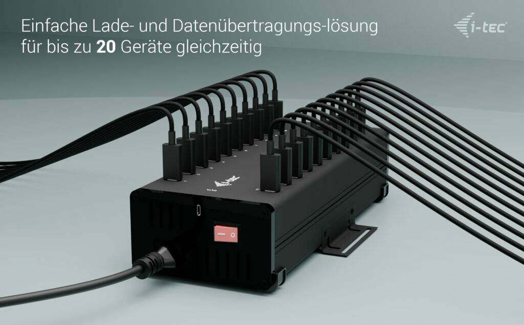 Chargeur noir pour jusqu'à 20 appareils en service, posé sur une table. Inscription : 'Solution simple de charge et de transfert de données'.