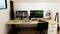 Un espace de travail moderne et bien rangé avec deux écrans, un clavier musical, des écouteurs et un haut-parleur sur une table en bois.