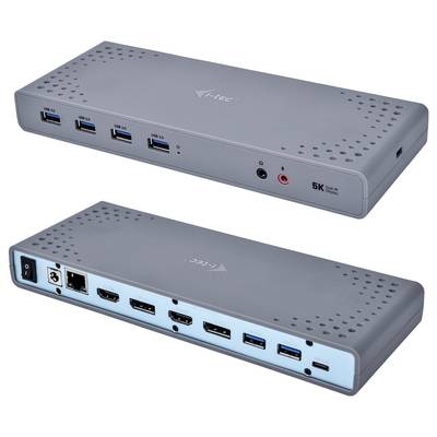 Station d'accueil gris-noir avec ports USB, HDMI, DisplayPort et sorties audio, vue de l'avant et de l'arrière.