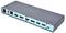Station d'accueil USB grise avec plusieurs types de ports : Ethernet, HDMI, USB-A et USB-C. Utilisée au bureau pour le transfert de données et la connexion d'appareils.