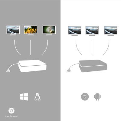 Un appareil se connecte à jusqu'à trois écrans pour Windows, Linux, Mac OS et Android.