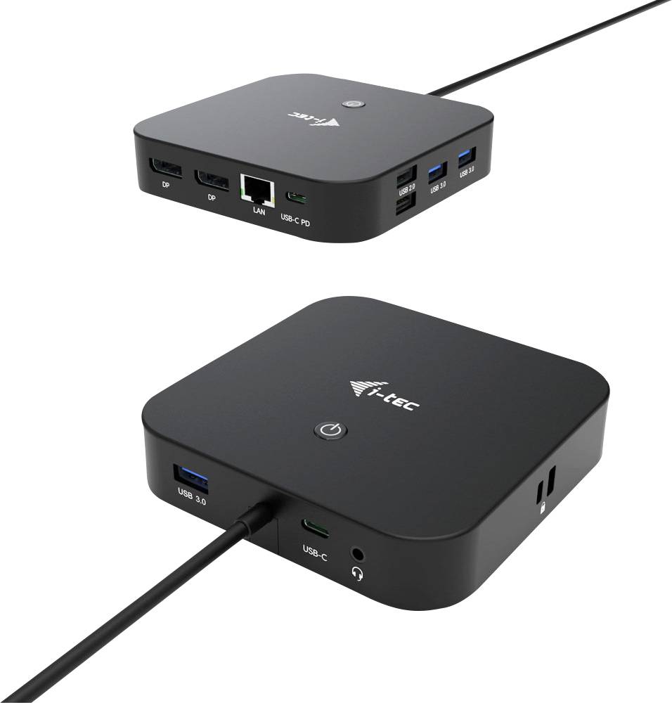 Deux stations d'accueil noires avec plusieurs ports, comprenant USB-C, USB 3.0, HDMI et port LAN.
