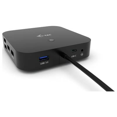 Une station d'accueil noire avec plusieurs ports USB, comprenant un port USB 3.0, un port USB-C et une prise d'alimentation.