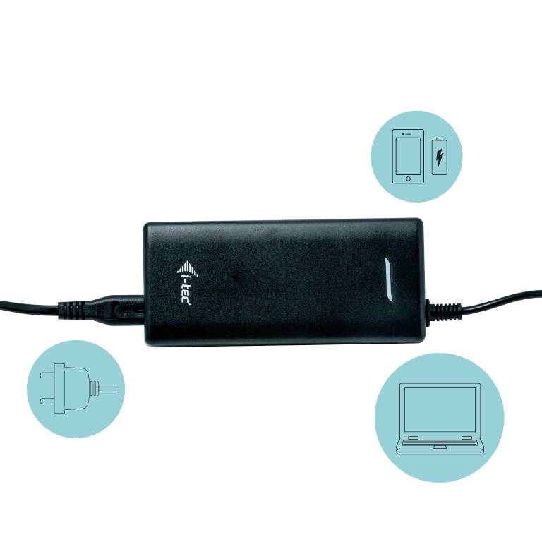 Sur l'image, on voit un chargeur noir avec des câbles de connexion, à côté desquels sont représentés des symboles de smartphone, de prise électrique et d'ordinateur portable, illustrant les différentes possibilités d'utilisation.