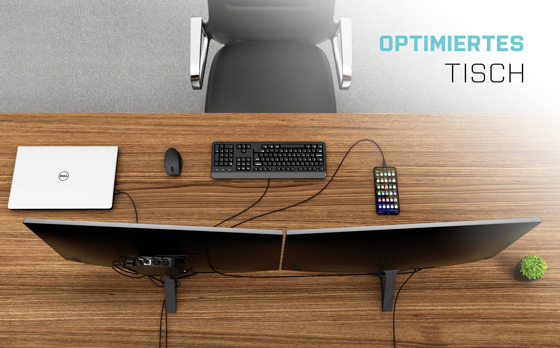 Bureau optimisé avec deux écrans, ordinateur portable, clavier, souris et smartphone. Chaise pivotante et plante en pot en arrière-plan.