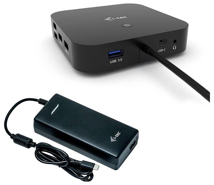 L'image montre une station d'accueil USB noire avec plusieurs ports, comprenant des ports USB 3.0 et USB-C, accompagnée de son adaptateur secteur.