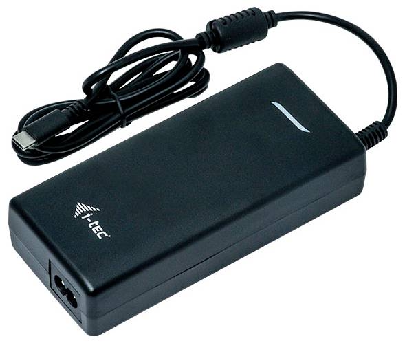 Un chargeur d'ordinateur portable noir avec câble. Le boîtier porte le logo 'I-TEC'.